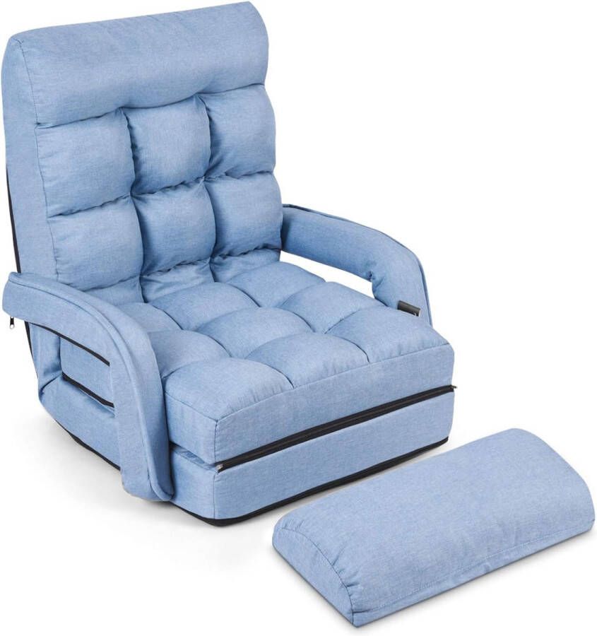 Klapbare vloerstoel met armleuningen en kussens comfortabele multihoekfauteuil van katoen luie slaapbank met verstelbare rugleuning voor slaapkamer woonkamer kantoor (blauw)