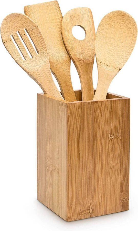 Kooklepel van naturel olijfhout set van 4 ca. 40 cm handgemaakt hitte- en krasbestendig keukengerei houten lepel pollepel risotlepel kooklepel bamboe Chique keuken set met eigen bamboebak Vakantie en camping