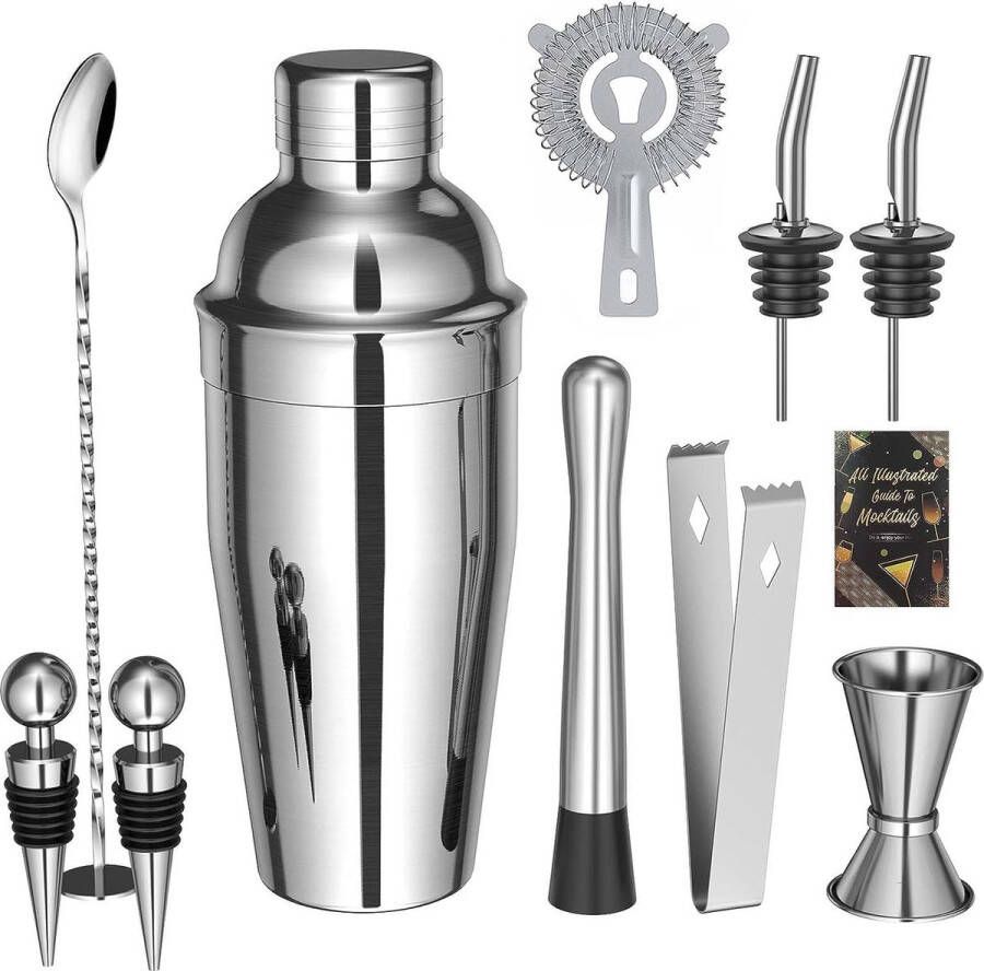 Klassieke RVS Shaker Set 10delige set capaciteit: 750ml (Shaker + Jigger + Stamper +Ijstang + Zeef + Menglepel + Schenktuiten + Flessluitingen) Met receptenboek Zilver