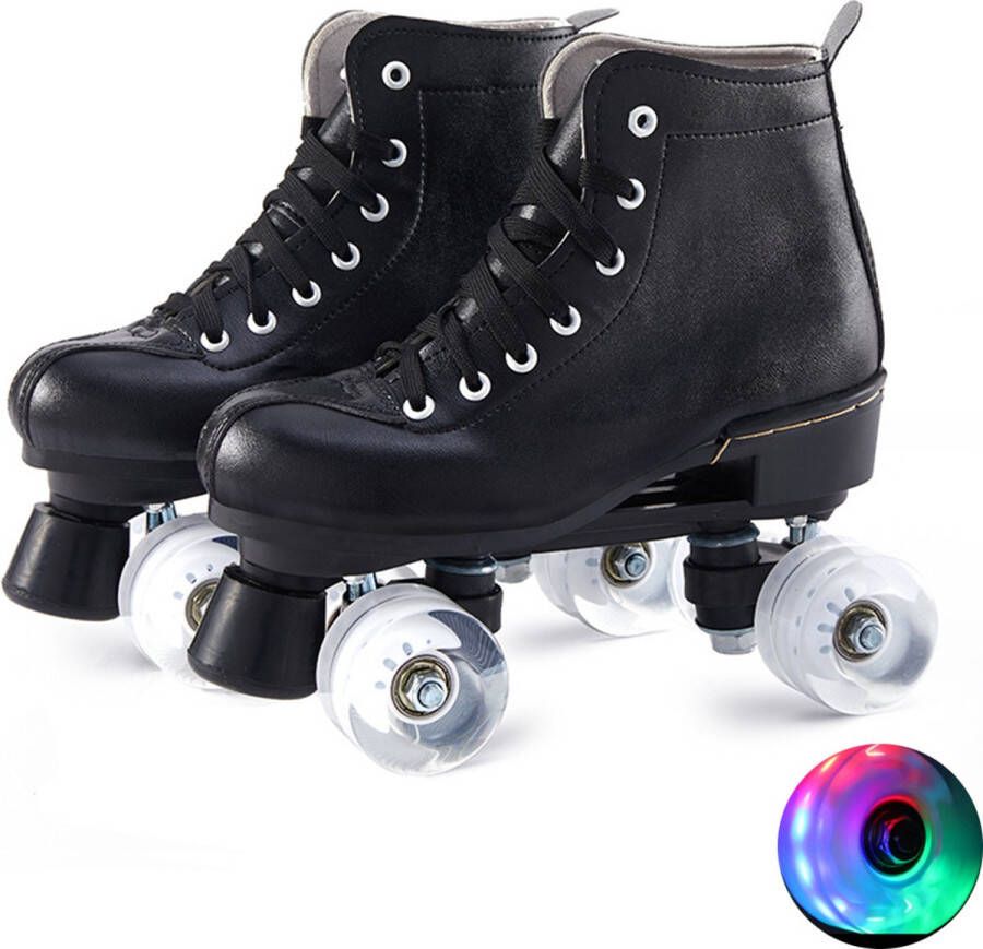 Klassieke side by side skates rolschaatsen met lichtgevende wieltjes Zwart kunstleer met Lampjes Lichtjes