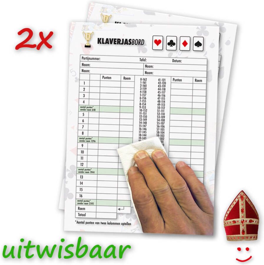 Klaverjassen 2x Herbruikbare Uitwisbare Scorebordjes Eindeloos bruikbaar Duurzaam Kaartspellen Reisspel Vakantie Sinterklaas Kadootje Kerst A5 formaat