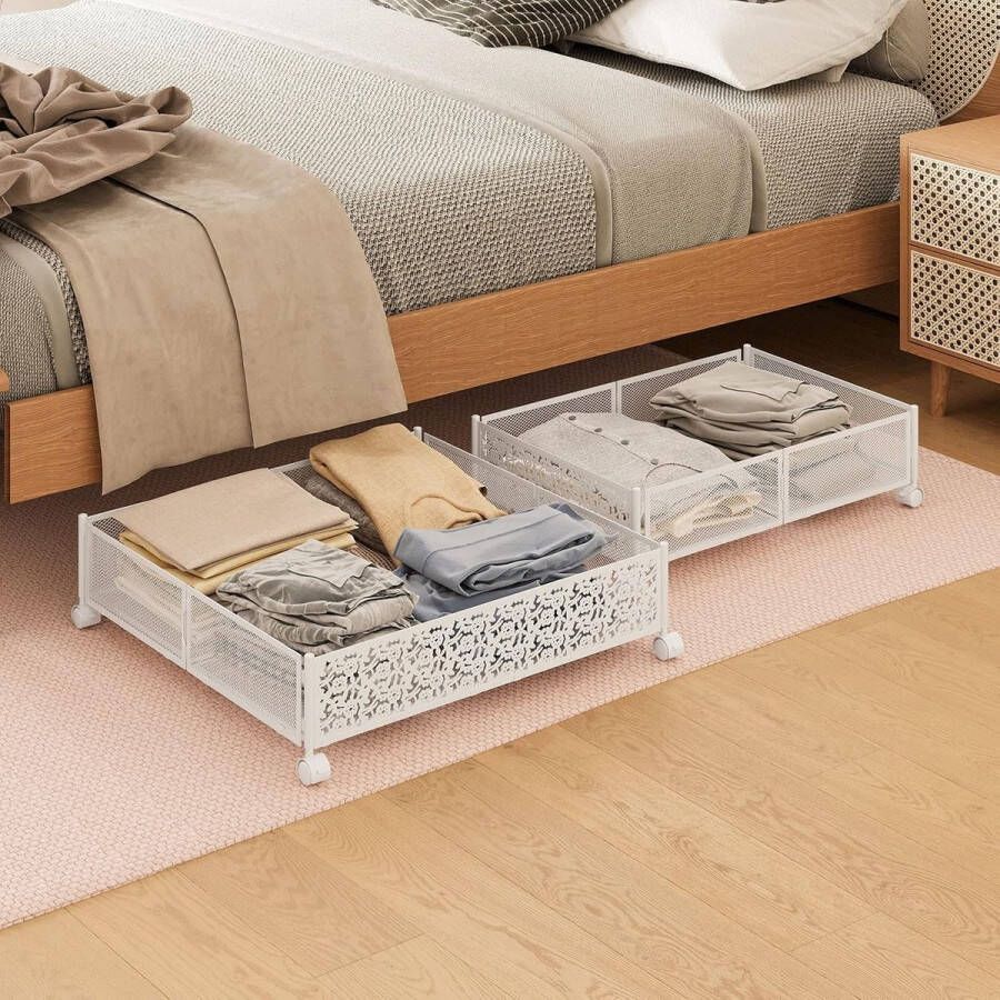 Kledingopbergrek onder het bed wit 2 stuks afneembaar opbergrek met katrollen wit ijzeren opbergrek gebruikt als onderbedlade met wielen 40*60cm