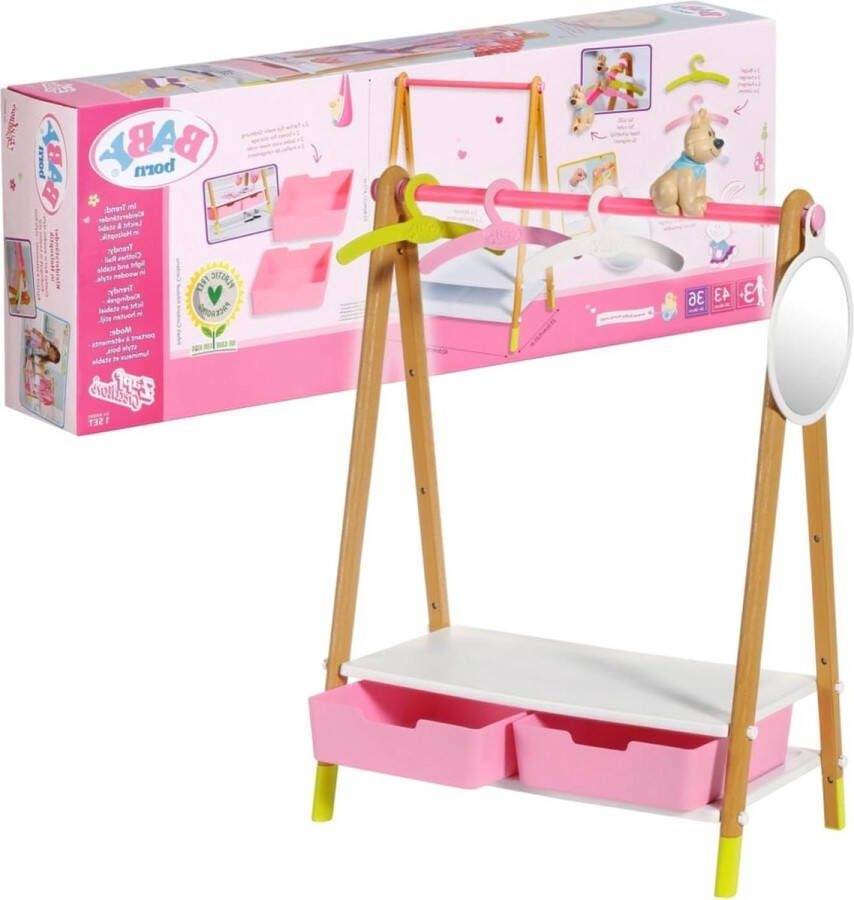 Kledingrek Voor Peuters Vanaf 3 Jaar Perfect voor Kinderhandjes Met Rek Spiegel 3 Kleerhangers en 2 Lades 830000 poppenstoel