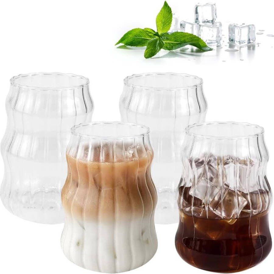 Kleemeiero Set van 4 cappuccino- machiatto-glazen koffieglazen set van 530 ml latte macchiato-kopjes origami-stijl retro drinkglazen ijskoffiekopjes geribbeld voor perfecte latte