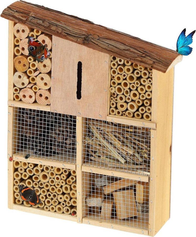Klein hangend insectenhotel met schuin dak voor tuin bijen vlinders afmetingen 34x27.5x8 cm