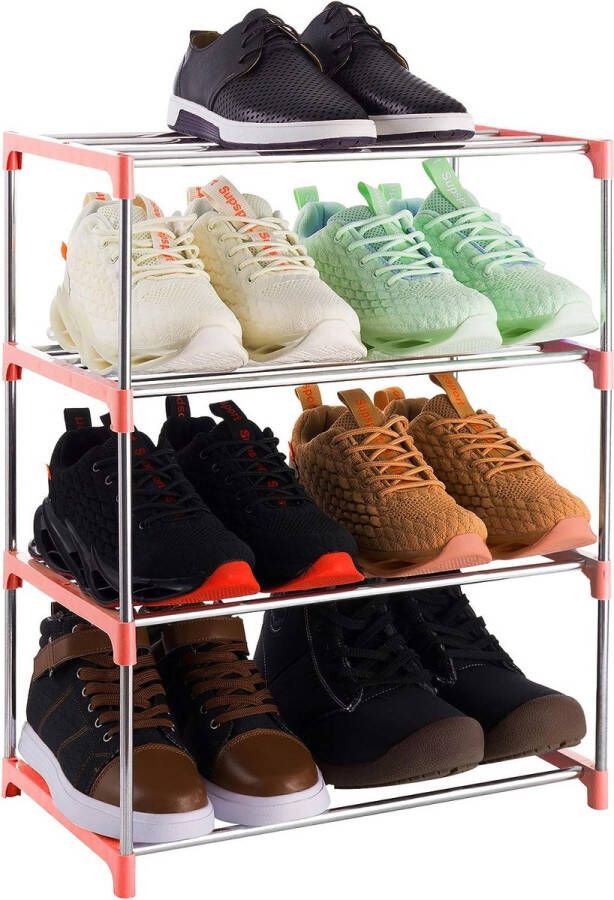 Klein schoenenrek met 4 niveaus schoenenrek voor maximaal 8 paar schoenen voor entree kast voor ruimtebesparend opbergen (roze)