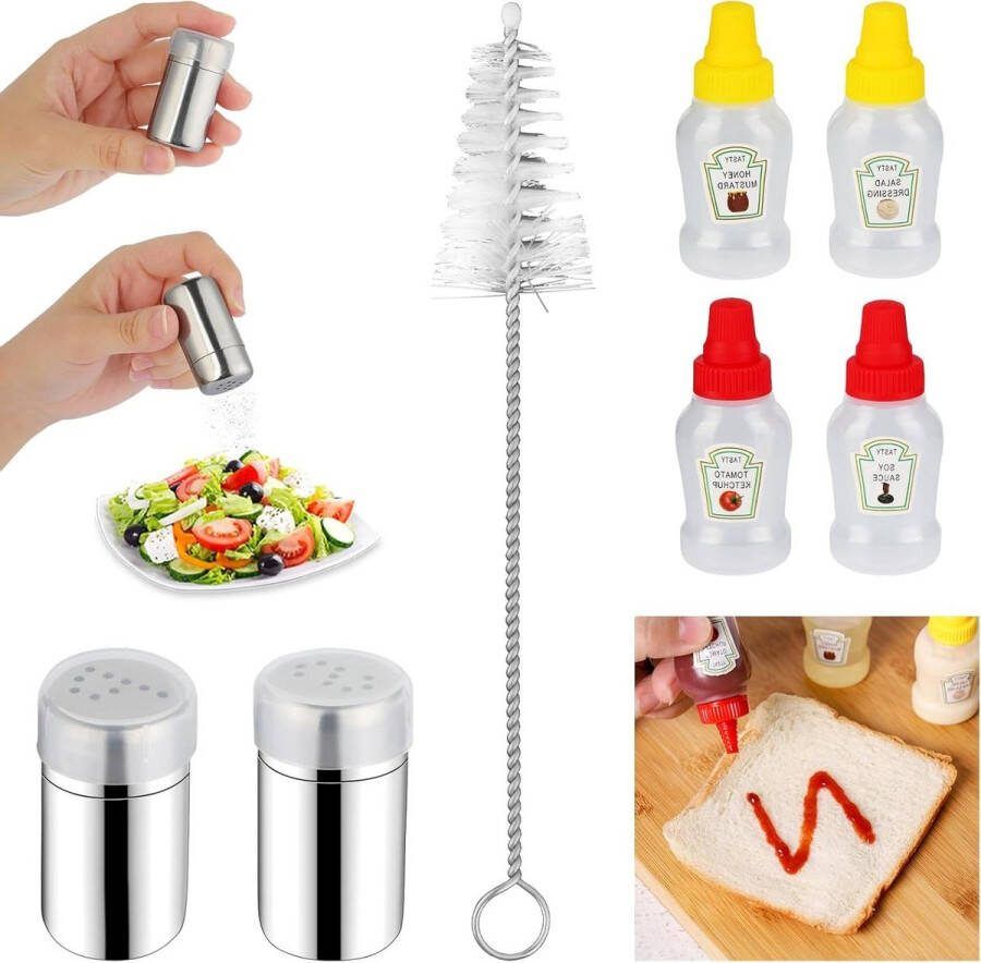 Klein zout en peperstrooier 2 stuks met gaten roestvrij staal 5 ml mini zoutvaatjes met deksel 4 stuks sausflessen 23 ml kruidenstrooier roestvrij staal bento box camping Zoutpot