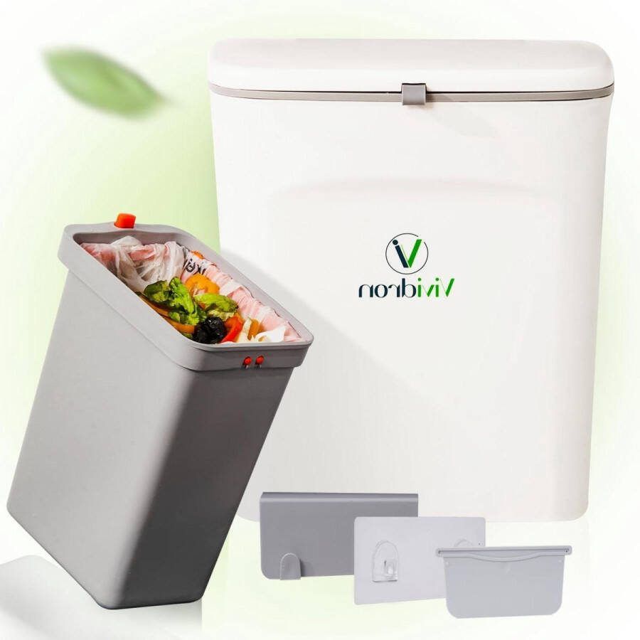 Kleine compostemmer keuken met deksel 9 l bio-afvalemmer hangende vuilnisemmer voor onderkast spoelbak wit