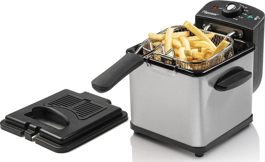 Kleine Friteuse Mini Frituurpan voor 1 portie friet bitterballen of snacks met koudezone technologie & temperatuurregelaar tot 190°C incl. rvs mand kijkvenster & oliefilter zilver