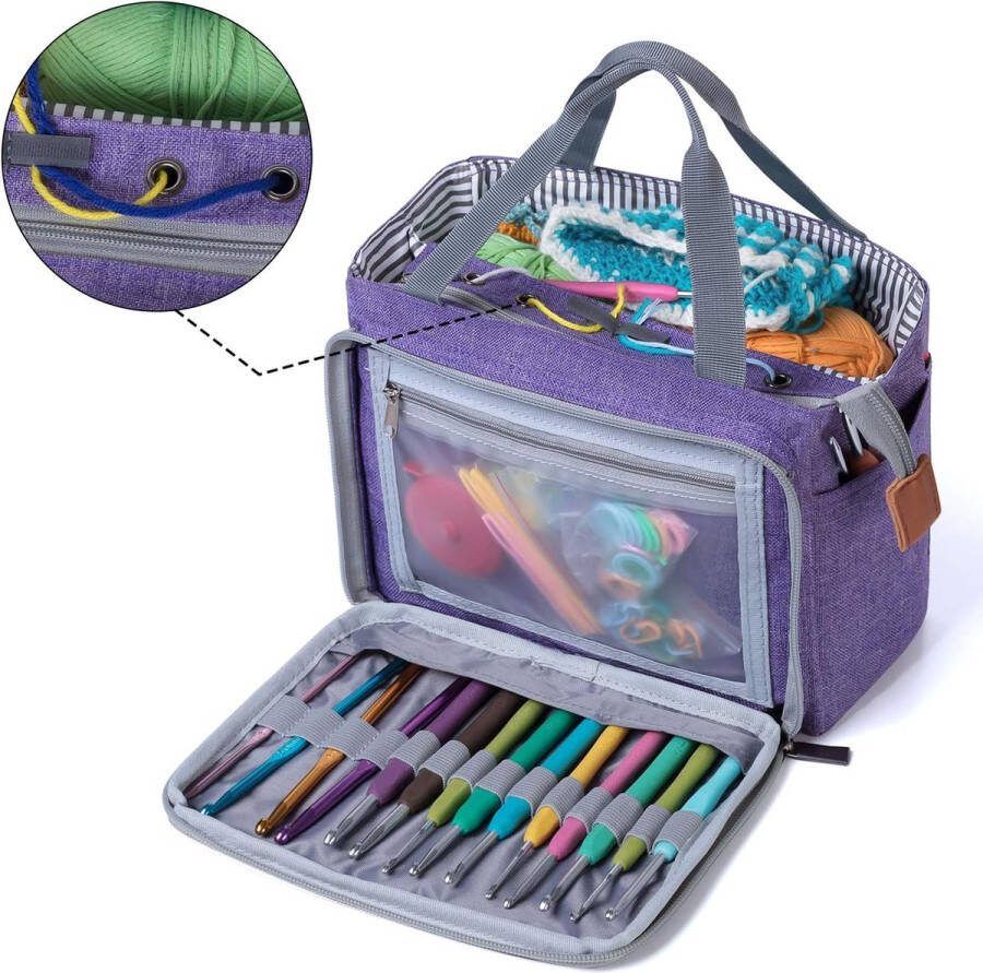 Kleine gehaakte tas gemakkelijk mee te nemen opbergtas draagbare gehaakte draagtas voor haakprojecten haaknaalden en andere accessoires nylon paars (accessoires niet inbegrepen)