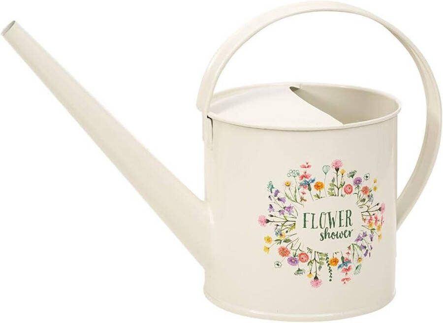 Kleine gieter voor de tuin decoratieve bloemendouche met 1 2 l inhoud kan in crème off-white met mooi opschrift Flower Shower in blad & bloesem