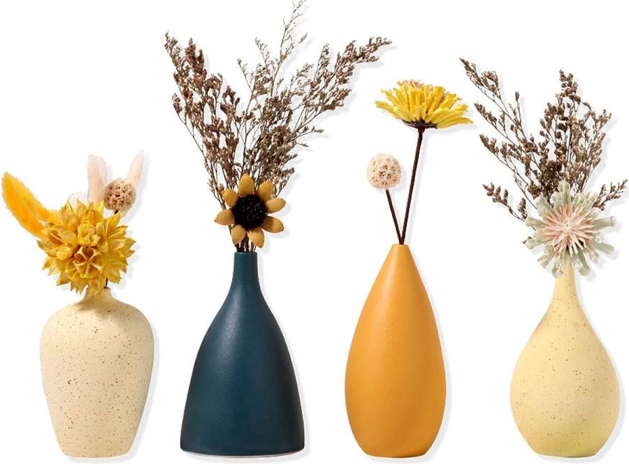 Kleine keramische vazenset keramische vazen voor bloemen decoratieve vazen voor woonkamer mini handgemaakte vazen voor tafeldecoratie moderne vaas met Morandi matte kleur set van 4