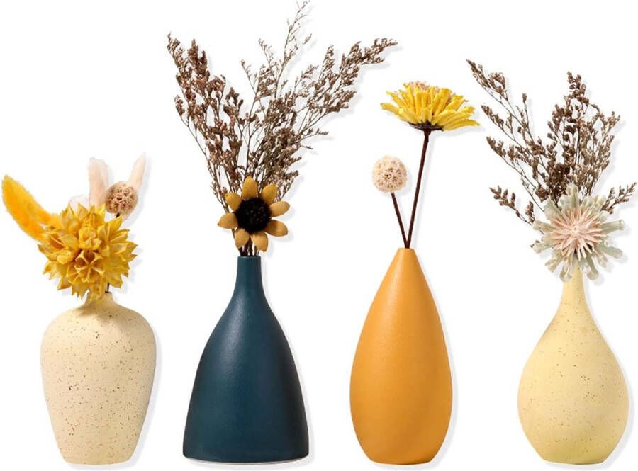 Kleine keramische vazenset keramische vazen ​​voor bloemen decoratieve vazen ​​voor de woonkamer mini handgemaakte vazen ​​voor tafeldecoratie moderne vaas met Morandi matte kleur set van 4