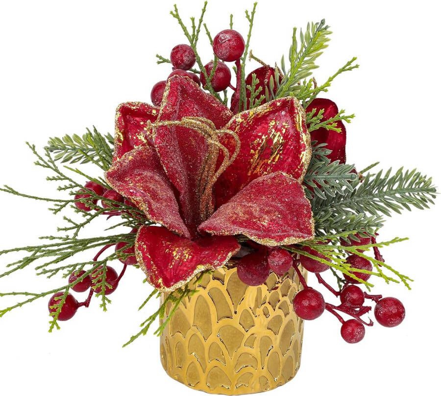 Kleine kerstboom 25 cm kunstmatige plant in keramische potten met magnolia bloem en bessen mini kerstboom ornamenten kerstdecoraties voor thuis Nieuwjaar tafel centerpieces