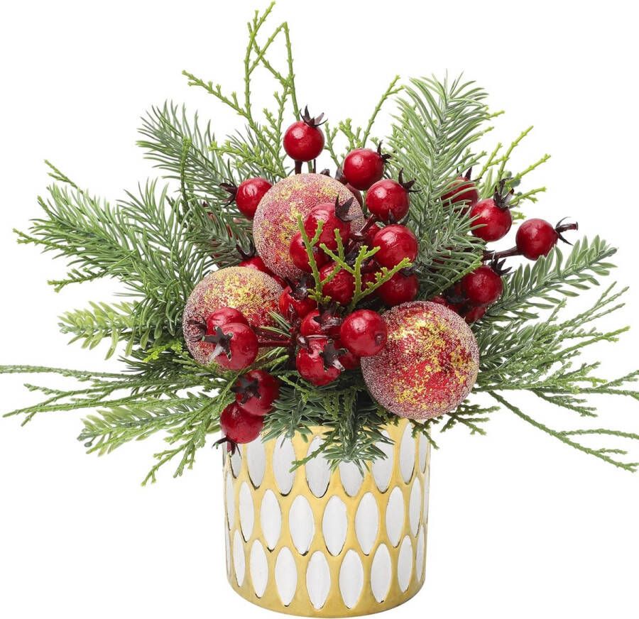Kleine kerstboom 25 cm kunstmatige plant in keramische potten met rode kerstballen en bessen mini kerstboom ornamenten kerstdecoraties voor thuis Nieuwjaar tafel centerpieces