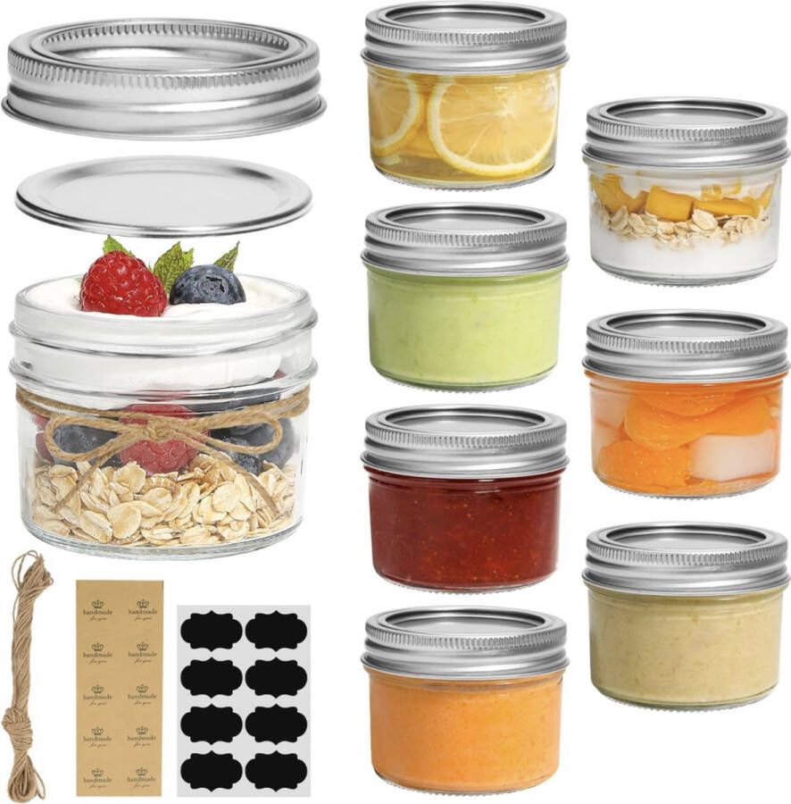 Kleine Mason-potten van 125 ml 8 stuks glazen pot met standaard opening deksels en afsluiting kleine glazen inmaakpot voor kruiden jam honing gelei dessert cadeaus DIY-kaarsen