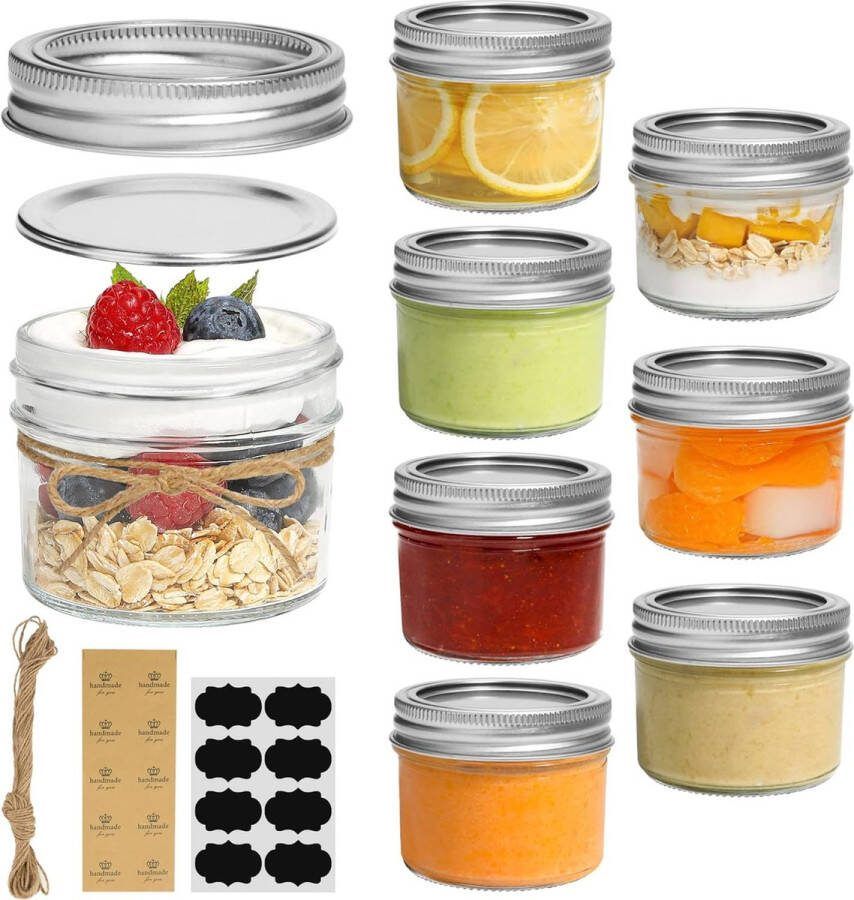 Kleine Mason-potten van 125 ml 8 stuks glazen pot met standaard opening deksels en afsluiting kleine glazen inmaakpot voor kruiden jam honing gelei dessert cadeaus DIY-kaarsen