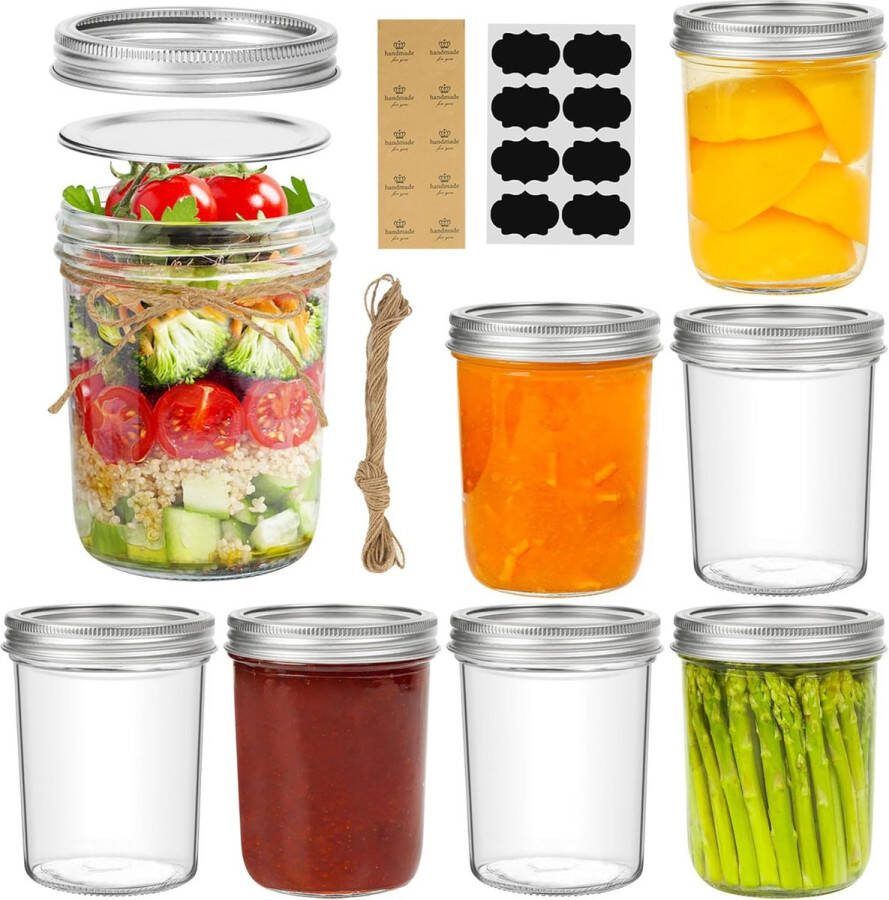 Kleine Mason-potten van 500 ml 8 stuks glazen pot met standaard opening deksels en afsluiting kleine glazen inmaakpot voor kruiden jam honing gelei dessert cadeaus DIY-kaarsen