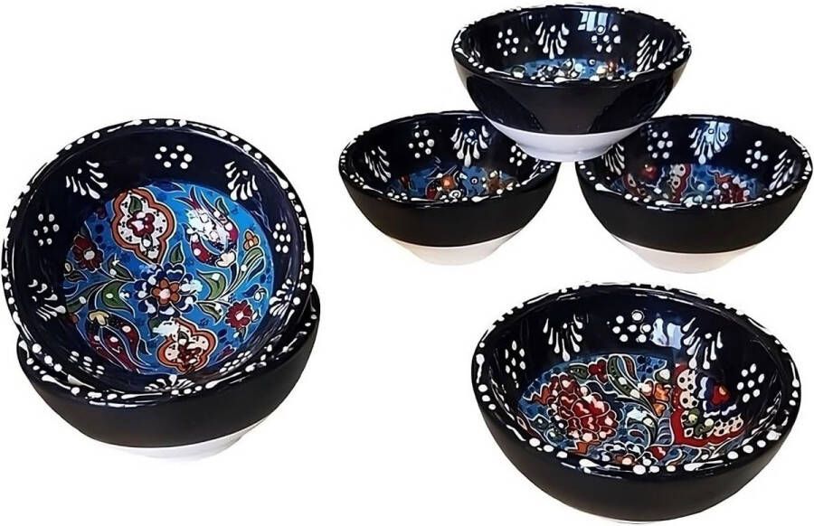 Kleine set van 6 keramische kommen Serveerkommen voor tapas dips desserts snacks sushi en meer Kleurrijke en individueel ontworpen handgemaakte kommen 80 ml diameter 8 cm (Iznik Set Zwart)