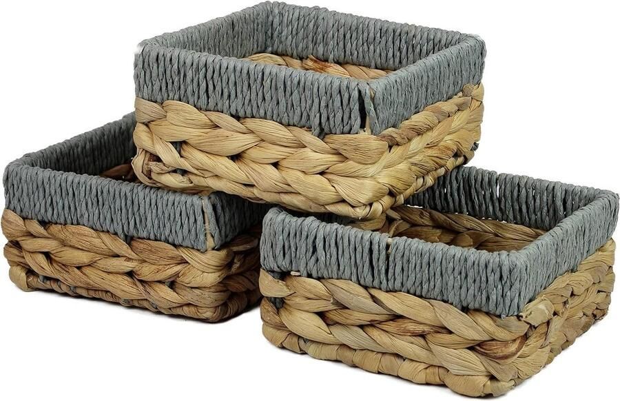 Kleine vierkante waterhyacint opslagmand voor badkamer en keuken natuurlijk grijs rieten decoratieve geschenkdoos mini lade organizer (Medium 18cm set van 3 manden)