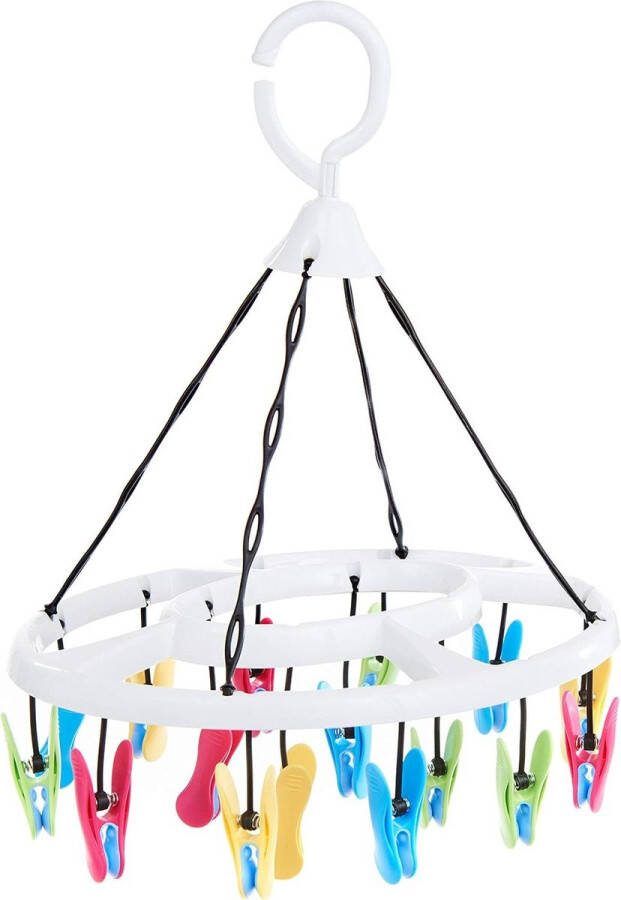 Kleine wasdroger droogmolen met 16 zachte clips Premium wasknijpers wit met blauw-geel-groen-roze droogcarrousel