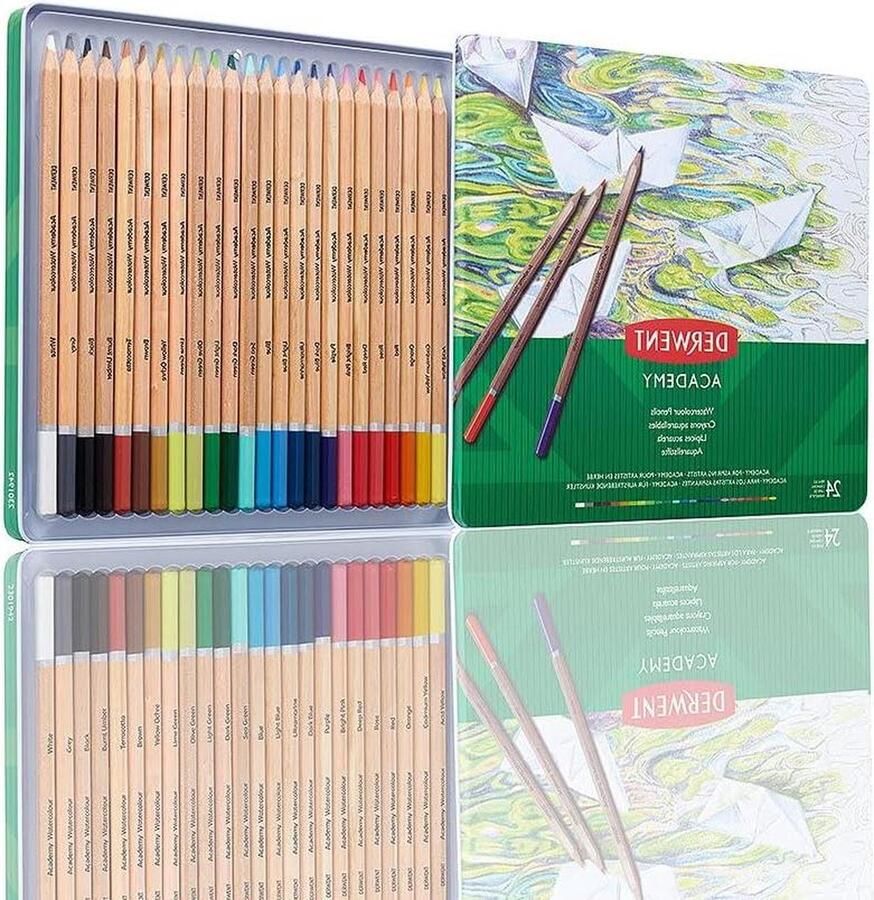 Kleurpotloden Aquarelpotloden set van 24 blik veelkleurige kunstenaarspotloden nat droog kleuren tekenen illustreren premium hobbyistkwaliteit 2300226