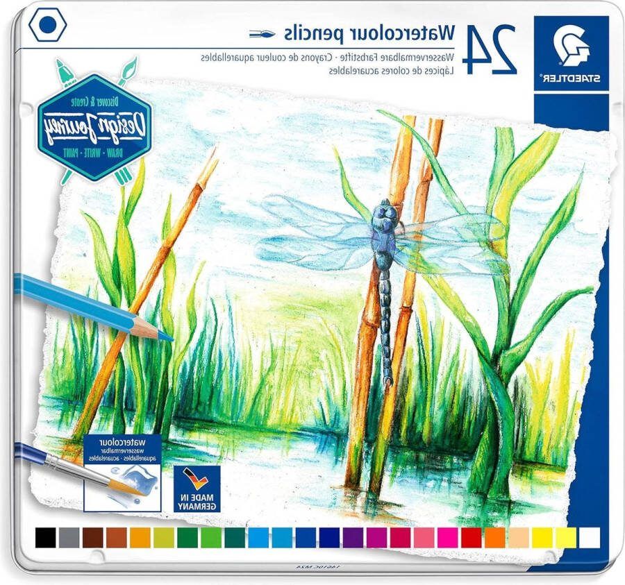 Kleurpotloden Wateroplosbaar Klassiek Zeskantformaat voor Aquareleffecten op Aquarelpapier 24 Heldere Kleuren in Metalen Etui
