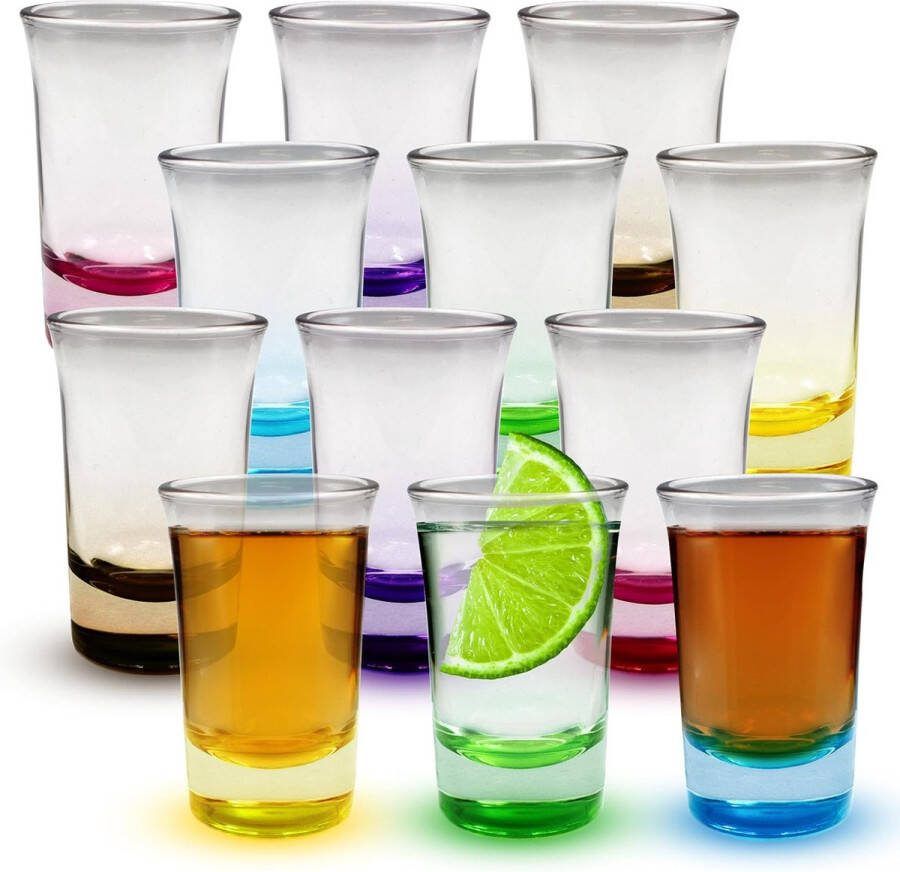 Kleurrijke borrelglazen 12 x 50 ml borrelglazen set met ogweise bodem kleine borrelglazen ideale tequila-glazen wodkaglazen prikjes stamparelglazen voor borrels jägermeister korel