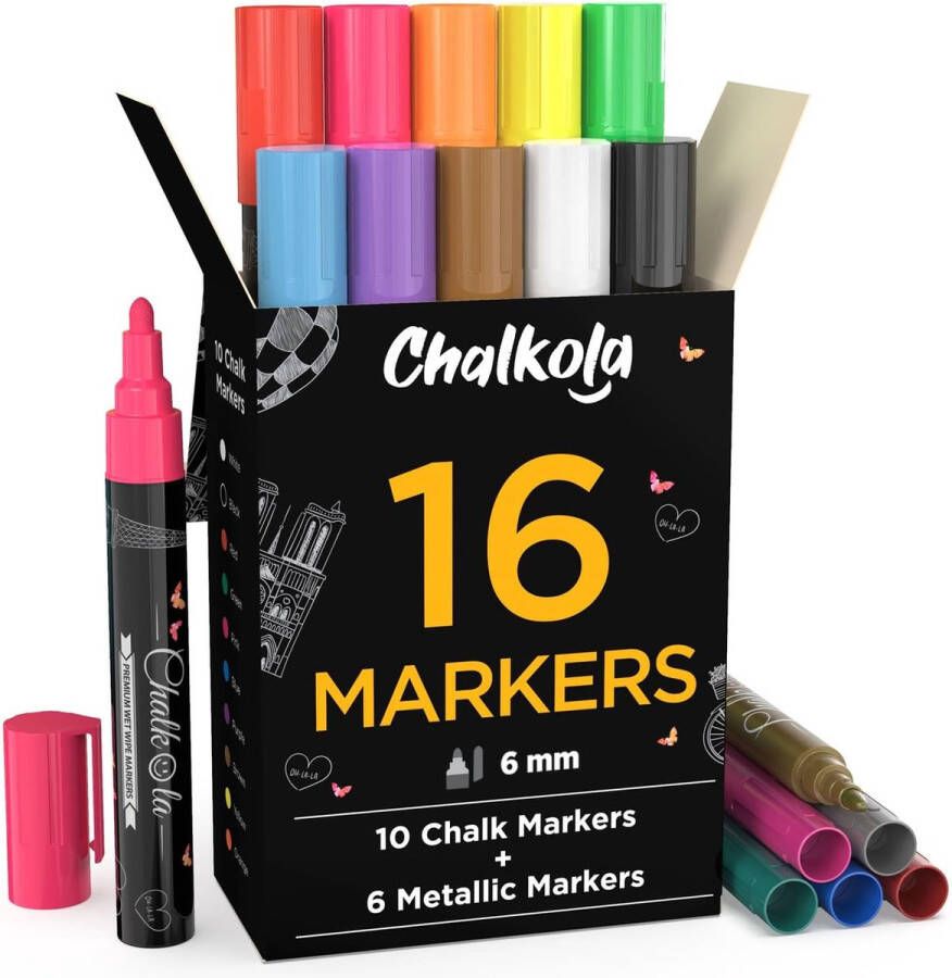 Besuche den Chalkola-Store Kleurrijke Krijtstiften voor Wisbare Tafels Set van 16 Metallic Markers met 6mm Omkeerbare Punt Ideaal voor Ramen Schoolborden & Glas Creatieve Krijtstiften voor Alle Leeftijden