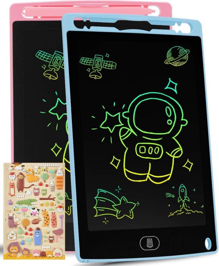 Kleurrijke LCD-schrijftablet kinderen 2x stuks 8 5 inch uitwisbaar tekenblok met vergrendelingsfunctie; voor het schilderen van teken- en memolijsten gratis cartoonsticker speelgoedgeschenken voor 2 3 4 5 6 jaar oude jongens meisjes-blauw