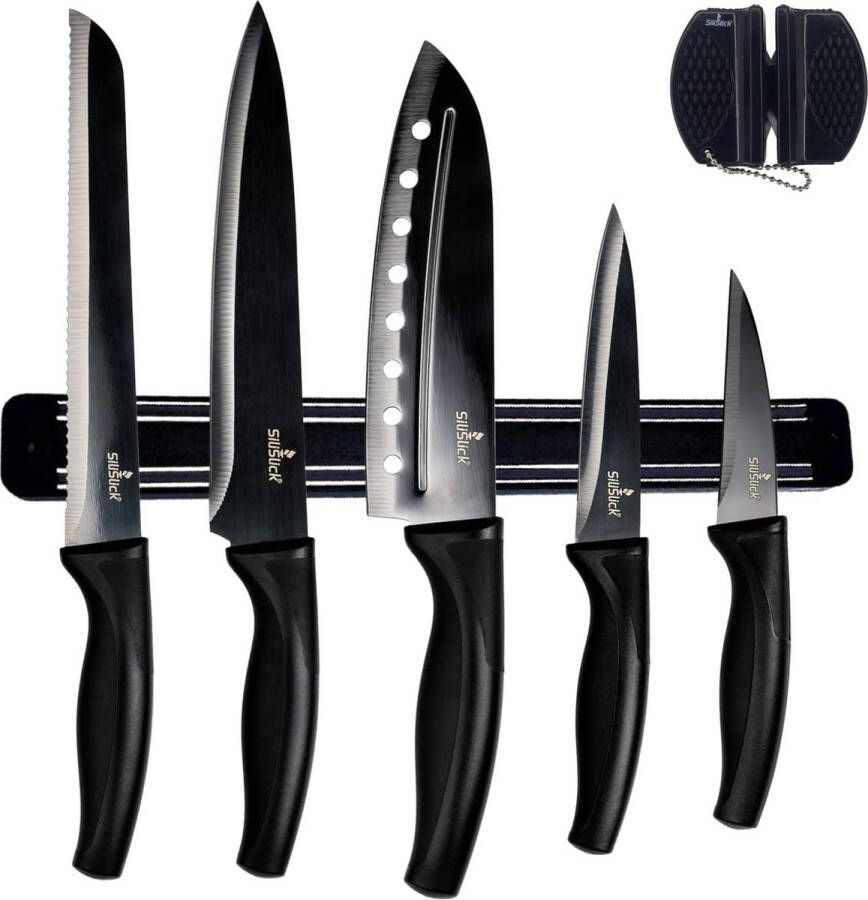 Kleurrijke roestvrijstalen messenset titanium gecoate keukenstarterset met universeel mes Santoku brood kook- en schilmessen met zwarte puntenslijper en magnetisch montageframe