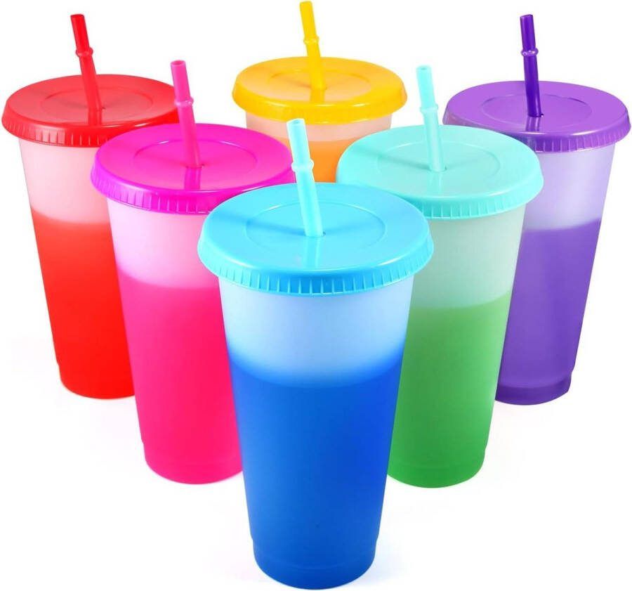 Kleurveranderende bekers met deksels en rietjes 6 stuks 24 oz herbruikbare plastic ijskoffiebeker koud water feestbeker voor kinderen en volwassenen reismokken Slush puppy machine