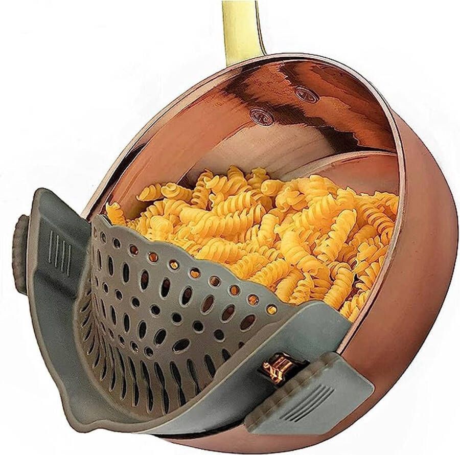Klikzeef van siliconen pastazeef opzetstuk clip on zeef voor potten pan pastei keukenzeef 22x8x6 cm (grijs)