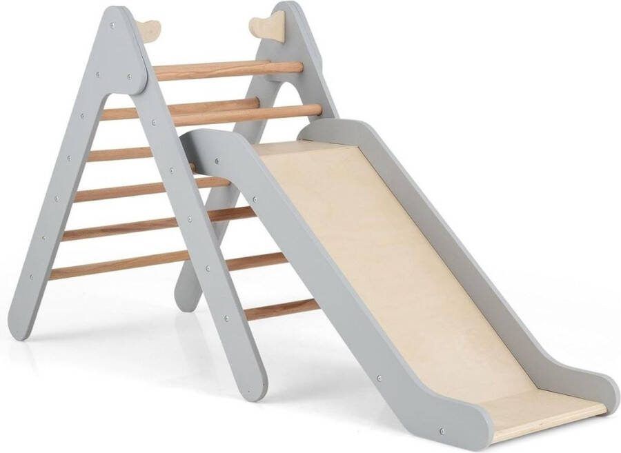 Klimdriehoek Houten Klimrek – Klimboog voor Binnen Met Ladder en Glijbaan Baby Speeltoestel Hout Peuter Speelgoed Leerzame Klimdriehoek – Grijs