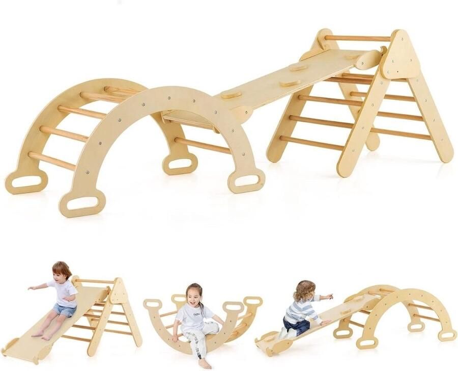Klimdriehoek Houten Klimrek – Klimboog voor Binnen Met Ladder en Glijbaan Baby Speeltoestel Hout Peuter Speelgoed Leerzame Klimdriehoek – Hout Kleur