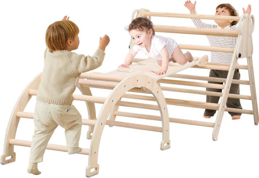 Klimdriehoek Klimdriehoekstructuur Driehoekig klimrek Houten speeltoestel voor kinderen met klimwand glijbaan en klimboog