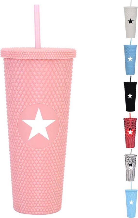 Klinknagelbeker met rietje en deksel 710 ml herbruikbare dubbelwandige plastic drinkbeker ijskoffiekop en automok draagbare reismok voor koffie water sap roze