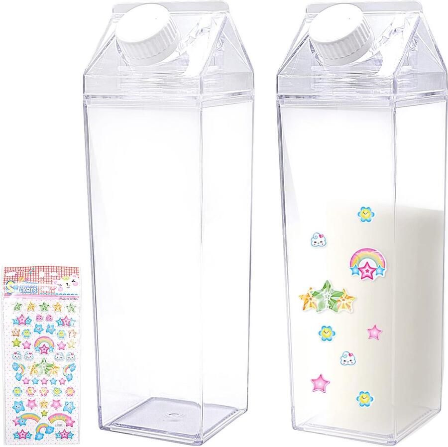 Pak met 2 transparante melkpakken waterflessen 500 ml melkpak met doe-het-zelf-decoratiestickers melkpak waterfles plastic fles melkfles voor melkdranken sap