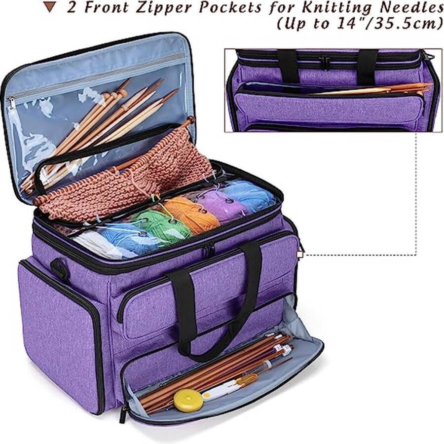 Knitting Bag Yarn Storage Organizer Tote Bag with Double Top Lid for Knitting Needles (up to 35.5 cm) Crochet Hooks Circular Knitting Needles Yarn and Projects Purple (Only (Only)