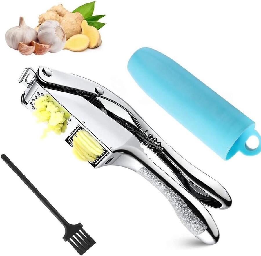 Knoflookpers 2-in-1 Roestvrijstalen Knoflookpers Ergonomische handgreep Inclusief Knoflookschiller en Reinigingsborstel Vaatwasmachinebestendig