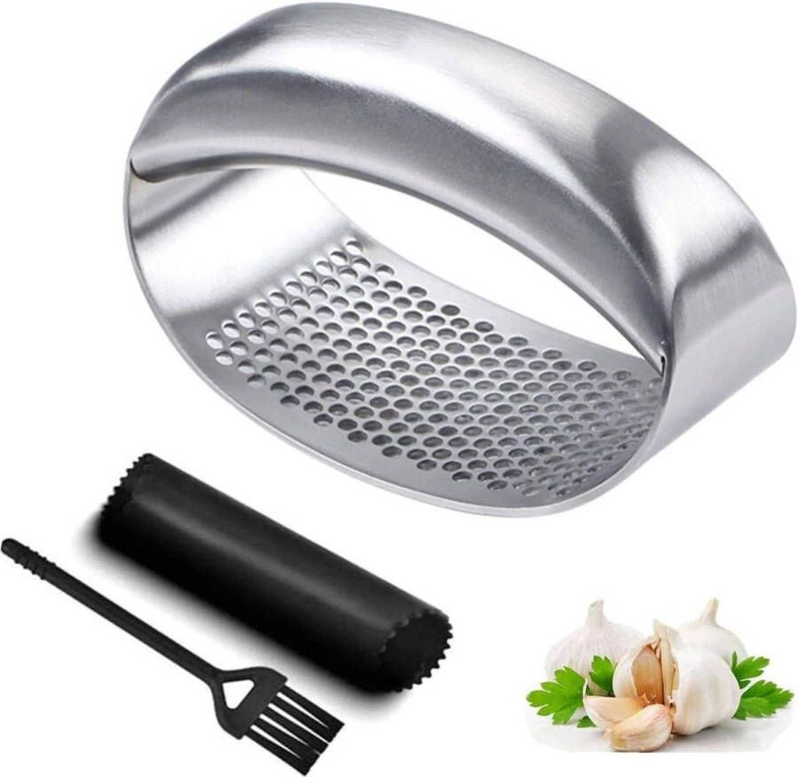 Knoflookpers Ergonomie Arbeidsbesparing 304 Food Grade RVS Gember Crusher inclusief siliconen schiller en reinigingsborstel voor thuis keuken Gadget