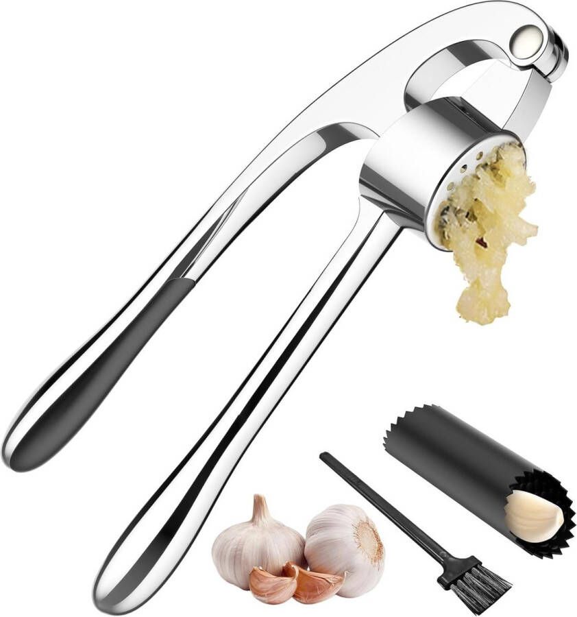 Knoflookpers Professionele Knoflookhakmolen Premium Gemakkelijk Knoflook Snijder Ergonomisch Handvat met Siliconen Dunschiller & Reinigingsborstel Knoflook Crusher Zilver