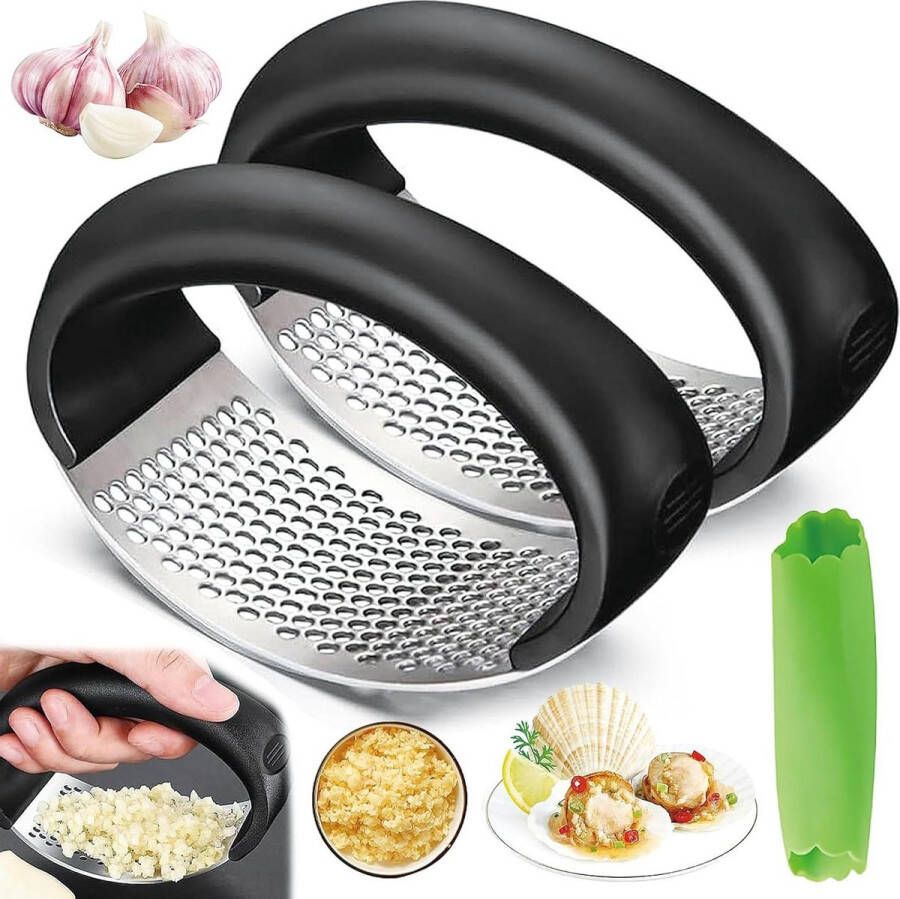 Knoflookpers Roestvrij Staal 2 Stuks Knoflookhakkers Met Siliconen Knoflookschiller Voor Knoflook Gember Chili Rocker Garlic Press