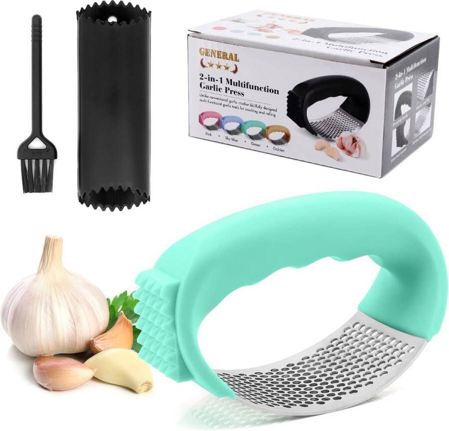 Knoflookpers roestvrij staal 304 2-in-1 knoflookschiller ergonomische handgreep eenvoudig te bedienen en gemakkelijk te reinigen met knoflookreinigingsborstel