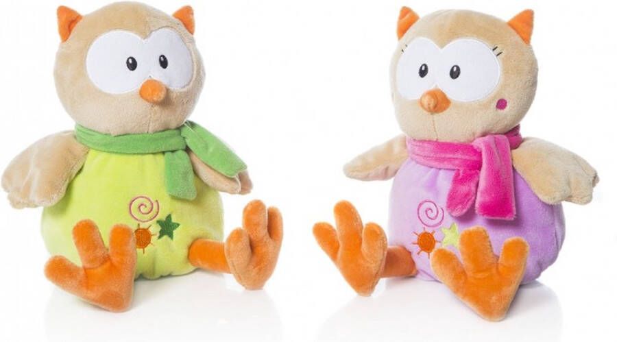 Knuffel uil ( rammelaar) 28 cm groen en roos 2pcs