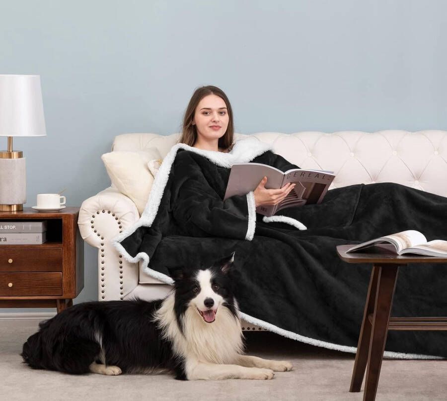 Knuffeldeken met mouwen katoen hoogwaardige wollen deken met mouwen geschikt voor volwassenen dames en heren warm comfortabel superzacht