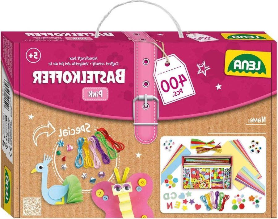 Knutselkoffer onderdelen Materiaal om te knutselen met gekleurd papier schuimrubber pijpenreiniger strass wiebelogen pompons knopen Voor kinderen vanaf 5 jaar Roze en paars
