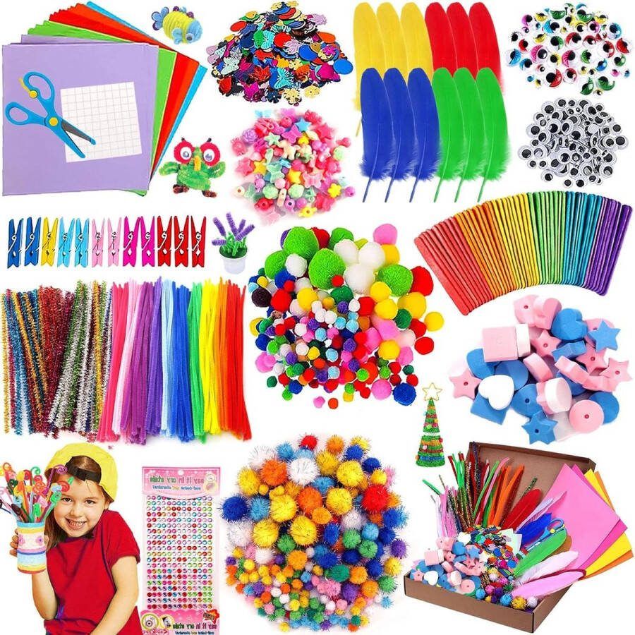 Knutselset voor kinderen 1500 stuks kunst en doe-het-zelf handwerk knutselaccessoires voor plakboek glitter pompons veren knopen pailletten pijpenreiniger