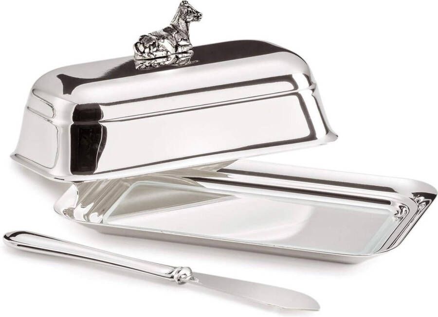 Koe botervloot met glasplaat Verzilverd Hoogglans gepolijst 8 x 13 cm Met bijpassend botermes butter dish with lid