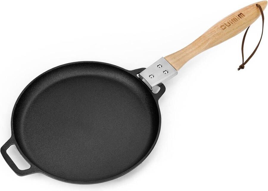 Koekenpan Gietijzer 30cm Afneembaar Houten Handvat Voorgekruide Pan voor Pizza Ovens Gasgrill Ongecoate Sauteerpan Stoopan
